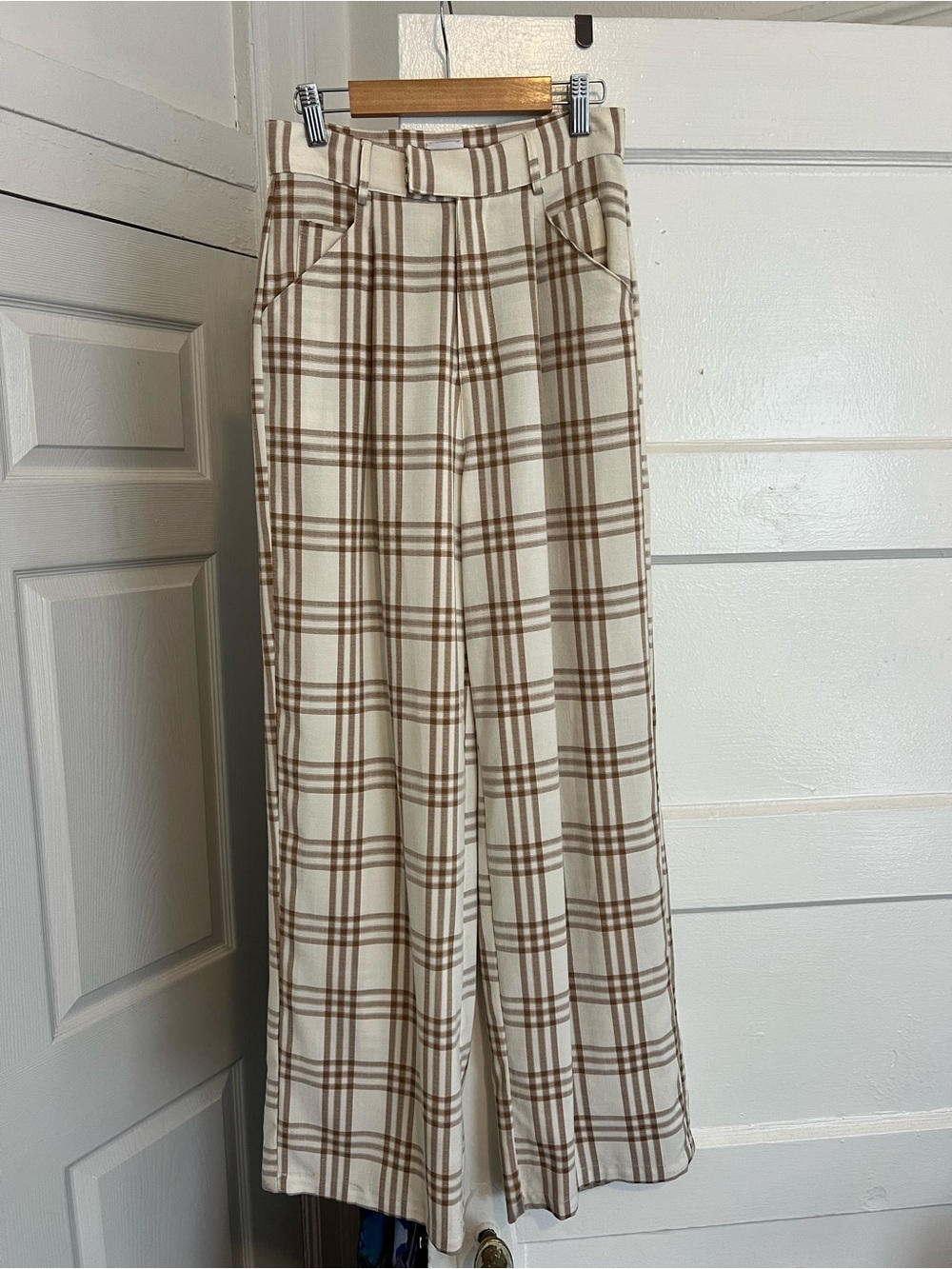 Princess Polly Women’s Cream and Brown Plaid Wide-Leg Trousers